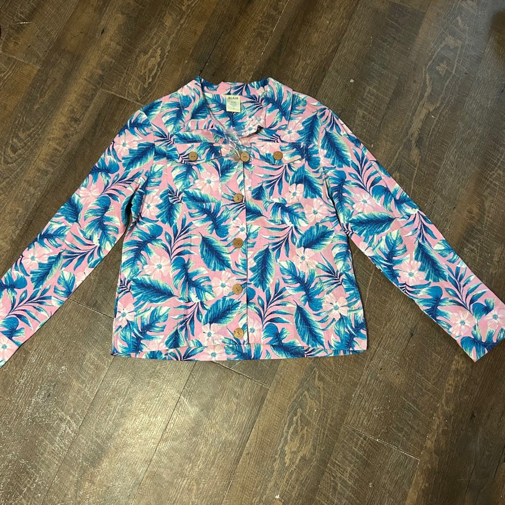 Blair Womens Tropical Floral Linen Blend Button Up Jacket Pink Blue Small